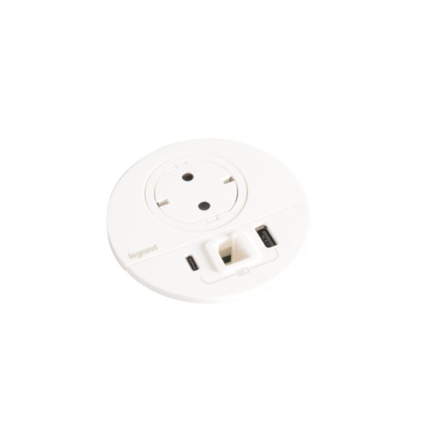 Incara Disq 80 équipé d'1 prise Schuko, 1 prise chargeur USB A+C 15W, un passe-câble et cordon de 2m avec fiche - blanc