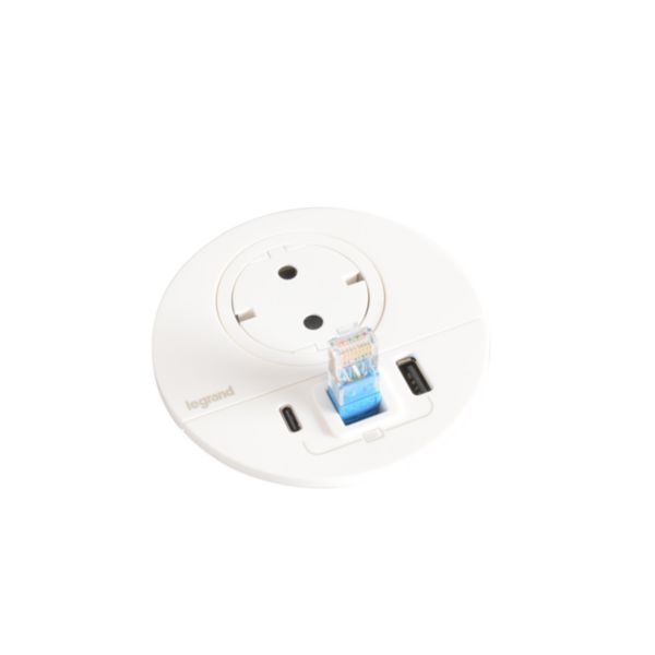 Incara Disq 80 équipé d'1 prise Schuko, 1 prise chargeur USB A+C 15W, un passe-câble et cordon de 0,5m Wieland - blanc