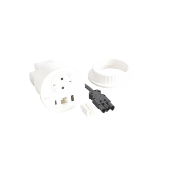 Incara Disq 80 équipé d'1 prise Schuko, 1 prise chargeur USB A+C 15W, un passe-câble et cordon de 0,5m Wieland - blanc