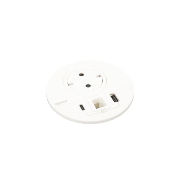 Incara Disq 80 équipé d'1 prise Schuko, 1 prise chargeur USB A+C 15W, un passe-câble et cordon de 0,5m Wieland - blanc