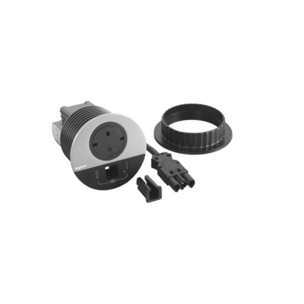 Incara Disq 80 équipé d'1 prise Schuko, 1 prise chargeur USB A+C 15W, un passe-câble et cordon de 0,5m Wieland - métal
