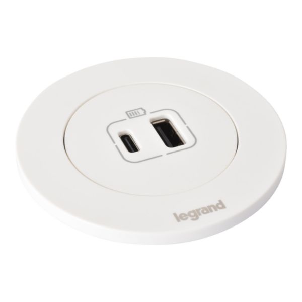 Incara Disq 60 avec chargeur USB TypeA+TypeC livré avec cordon de 2m équipé d'une fiche 2P+T - blanc Ø60mm