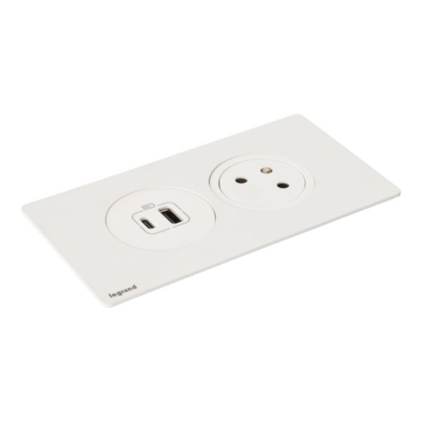 Incara Disq'In 2 postes avec 1 prise 2P+T Surface, 1 chargeur USB Type-A+Type-C blanc - à équiper de plaque