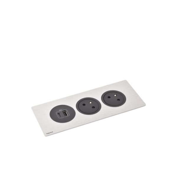 Incara Disq'In 3 postes avec 2 prises 2P+T Surface, 1 chargeur USB Type-A+Type-C noir - à équiper de plaque