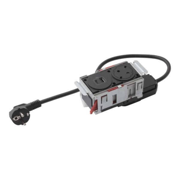 Incara Disq'in équipé d'1 prise Schuko, 1 prise chargeur USB A+C 15W et un cordon de 2m avec fiche - noir