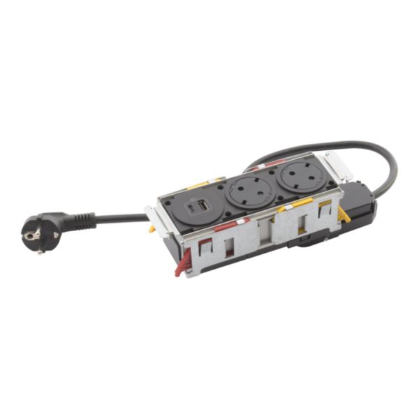 Incara Disq'in équipé de 2 prises Schuko, 1 prise chargeur USB A+C 15W et un cordon de 2m avec fiche - noir