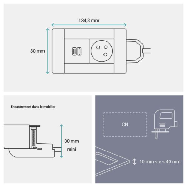 Incara Multilink version horizontal pour mobilier équipé de 1 prise 2P+T et 1 chargeur USB Type-A+Type-C - blanc