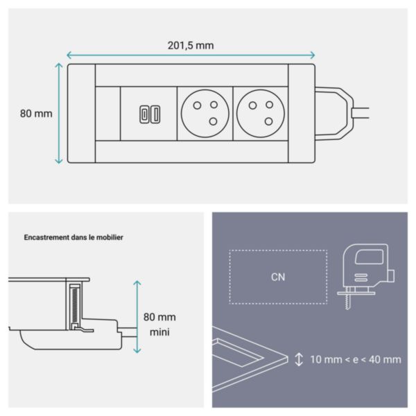 Incara Multilink version horizontal pour mobilier équipé de 2 prises 2P+T et 1 chargeur USB Type-A+Type-C - noir