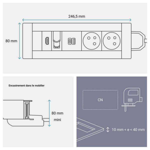 Incara Multilink version horizontal pour mobilier équipé de 2x2P+T , 1 chargeur USB Type-A+Type-C , RJ45 + HDMI - métal