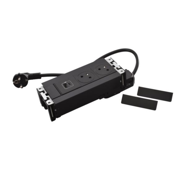 Incara Multilink version horizontal pour mobilier équipé de 2 prises 2P+T et 1 chargeur USB Type-A+Type-C - noir