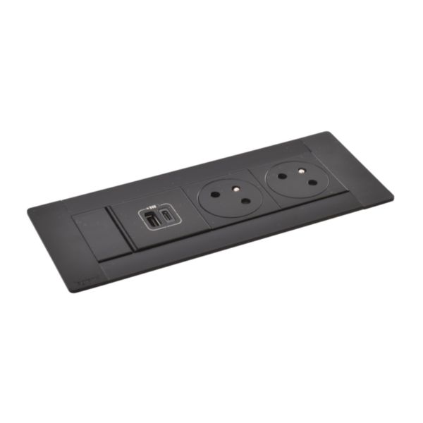 Incara Multilink version horizontal pour mobilier équipé de 2 prises 2P+T et 1 chargeur USB Type-A+Type-C - noir