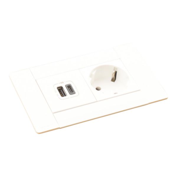 Incara Multilink horizontal 1 prise Schuko, 1 prise chargeur USB A+C 15W et 1 cordon de 2m avec fiche - blanc