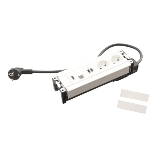 Incara Multilink horizontal 2 PC Schuko, 1 prise chargeur USB A+C 15W, 1 prise RJ45 CAT6 UTP 1 HMDI et cordon de 2m avec fiche - blanc