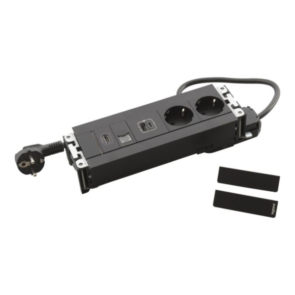 Incara Multilink horizontal 2 prises Schuko, 1 prise chargeur USB A+C 15W, 1 RJ45 CAT6 UTP 1 HMDI et cordon de 2m avec fiche - noir