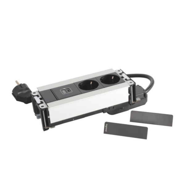 Incara Multilink horizontal 2 prises Schuko, 1 prise chargeur USB C 30W Power Delivery et 1 cordon de 2m avec fiche - métal