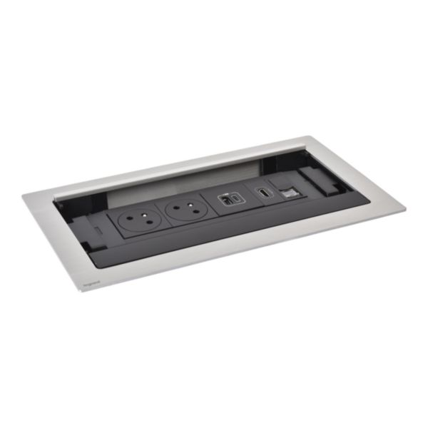 Incara Flip-up équipé de 2 prises 2P+T Surface, 1 chargeur USB Type-A+Type-C, RJ45 , HDMI et cordon - 8 modules métal