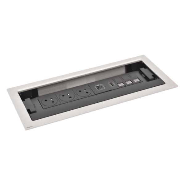 Incara Flip-up équipé de 3 prises 2P+T Surface, 1 chargeur USB Type-A+Type-C, 3xRJ45, HDMI et cordon - 12 modules métal