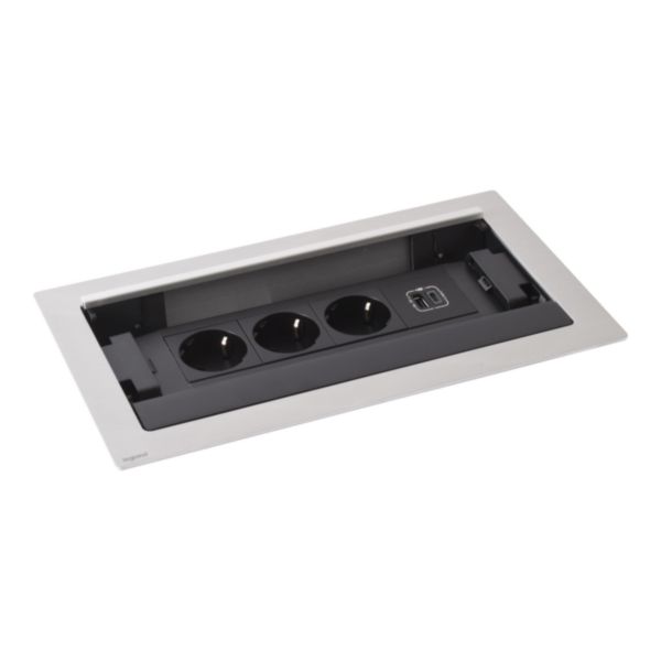 Incara Flip'Up équipé de 3 prises Schuko, 1 prise chargeur USB A+C 15W et un cordon de 2m avec fiche - métal