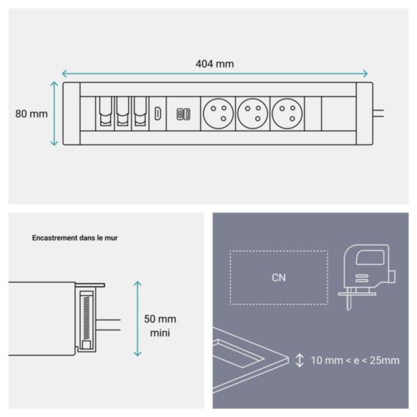 Incara Multilink version vertical pour mur équipé de 3x2P+T , 1 chargeur USB Type-A+Type-C , RJ45 + HDMI - blanc