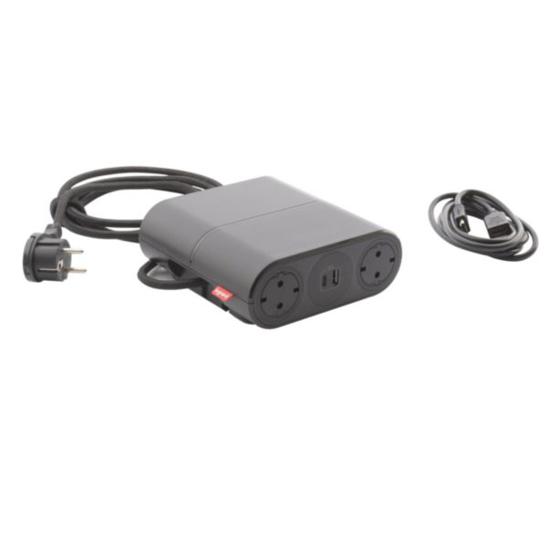 Incara Link'On équipé de 4 prises Schuko, 2 prises chargeur USB A+C 15W un cordon HDMI et un cordon de 2,5m avec fiche - noir