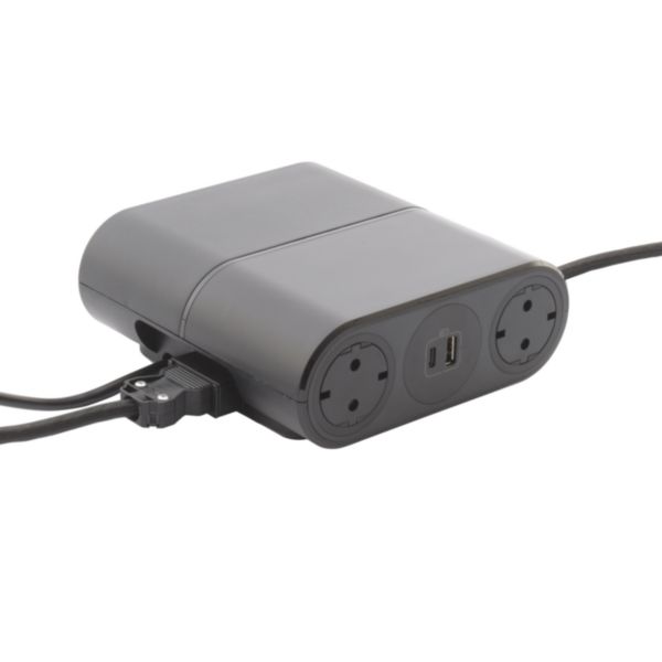 Incara Link'On équipé de 4 prises Schuko, 2 prises chargeur USB A+C 15W un cordon HDMI et un cordon de 2,5m avec fiche - noir