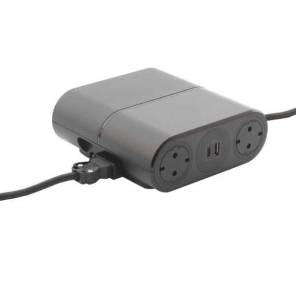 Incara Link'On équipé de 4 prises Schuko, 2 prises chargeur USB A+C 15W et un cordon de 2,5m avec fiche - noir