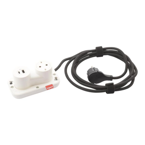 Incara Electr'On équipé de 1 prise Schuko 1 prise chargeur USB A+C 15W cordon tissé 2,5m avec fiche - blanc