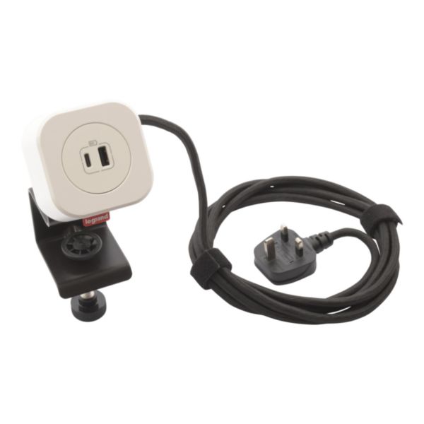 Incara Electr'On avec 1 prise chargeur USB A+C 15W, cordon tissé de 2,5m avec fiche BS et accessoire de fixation - blanc livré complet