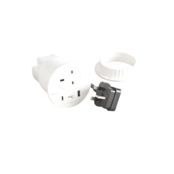 Incara Disq 80 équipé d'1 prise BS, 1 prise chargeur USB A+C 15W, 1 prise RJ45 cat6 UTP et cordon de 2m avec fiche BS1363 - blanc