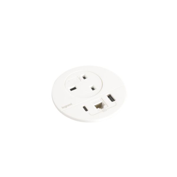 Incara Disq 80 équipé d'1 prise BS, 1 prise chargeur USB A+C 15W, 1 prise RJ45 cat6 UTP et cordon de 2m avec fiche BS1363 - blanc