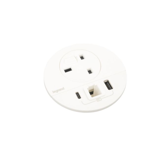 Incara Disq 80 équipé d'1 prise BS, 1 prise chargeur USB A+C 15W, un passe-câble et cordon de 0,5m avec fiche Wieland - blanc