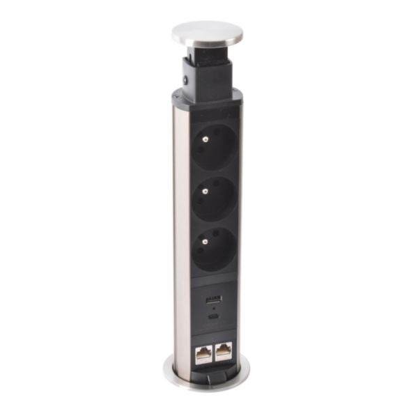 Incara Tower 60 Ø60mm à encastrer dans mobilier avec 3 prises 2P+T , 2xRJ45 et 1 chargeur USB TypeA+C avec cordon