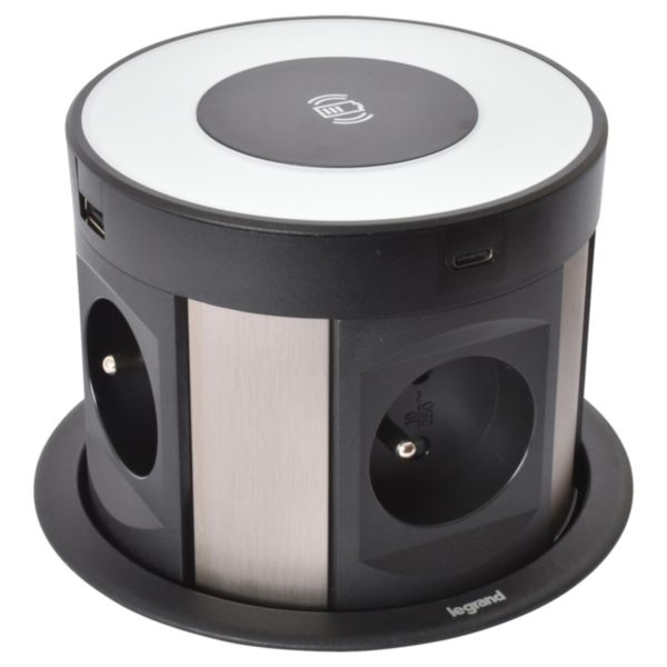 Incara Tower 120 Ø121mm à encastrer dans mobilier avec 4 prises 2P+T , 4 chargeurs USB , sans fils induction et cordon