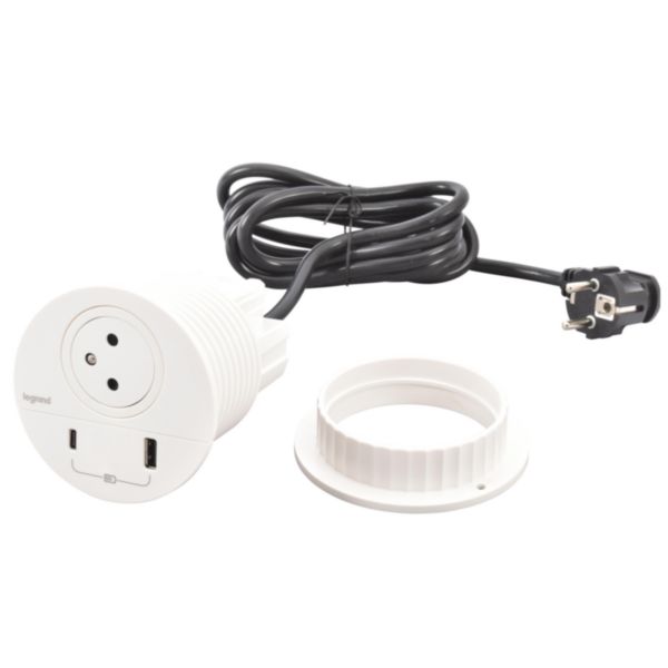 Incara Disq80 avec 1 prise F/B,1 USB A+C 15W et 1 cordon de 2m avec fiche - blanc