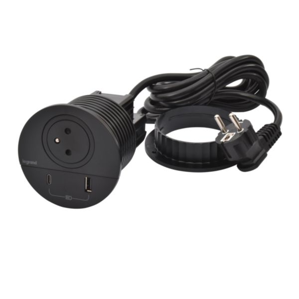 Incara Disq80 avec 1 prise F/B,1 USB A+C 15W et 1 cordon de 2m avec fiche - noir