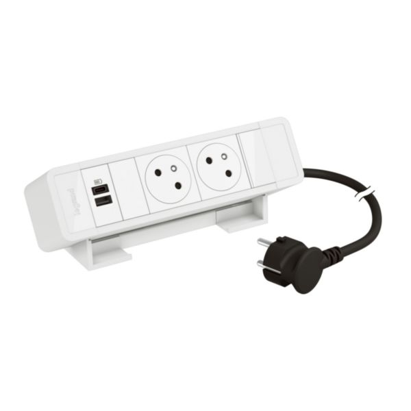 Bloc bureau 2 prises 2P+T- 1 prise USB Type-A + Type-C 15W - cordon 2m avec fiche - Blanc