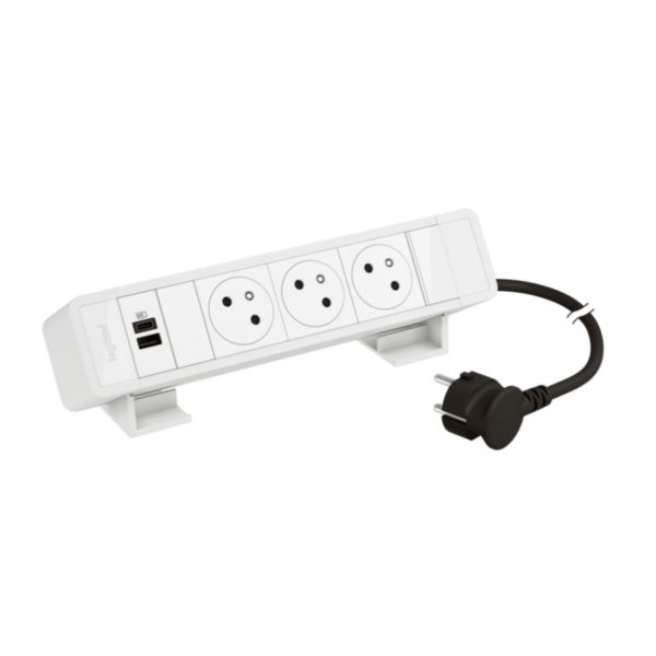 Bloc bureau 3 prises 2P+T- 1 prise USB Type-A + Type-C 15W - cordon 2m avec fiche - Blanc