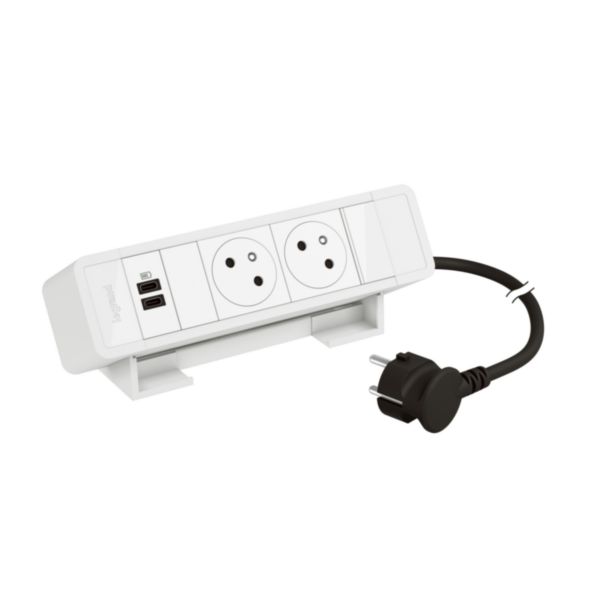 Bloc bureau 2 prises 2P+T- 1 prise double USB Type-C 15W - cordon 2m avec fiche - Blanc