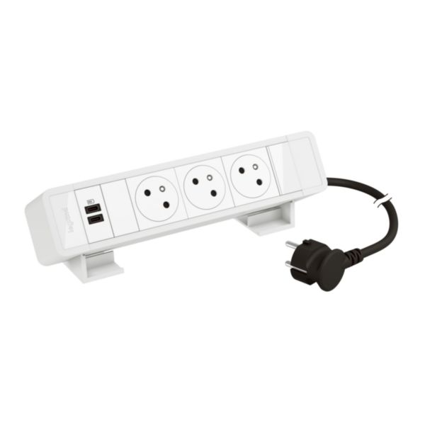 Bloc bureau 3 prises 2P+T- 1 prise double USB Type-C 15W - cordon 2m avec fiche - Blanc