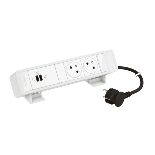 Bloc bureau 2 prises 2P+T- 1 prise double USB Type-C 63W Power Delivery - cordon 2m avec fiche - Blanc