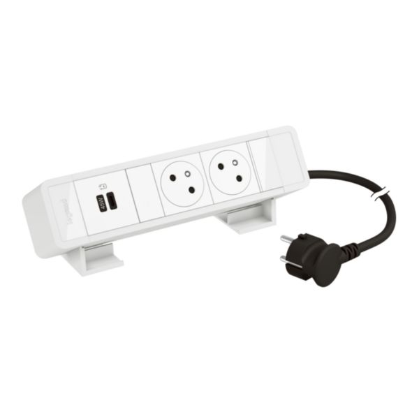 Bloc bureau 2 prises 2P+T- 1 prise double USB Type-C 45W Power Delivery - cordon 2m avec fiche - Blanc