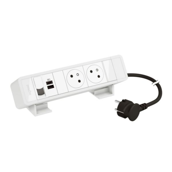 Bloc bureau 2 prises 2P+T- 1 prise USB Type-A + Type-C 15W - 1 prise RJ45 Cat.6- cordon 2m avec fiche - Blanc
