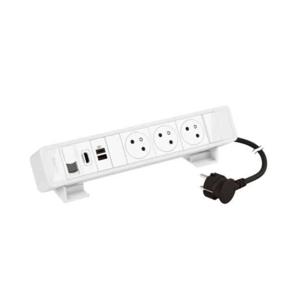 Bloc bureau 3 prises 2P+T- 1 prise USB Type-A + Type-C - 1 prise RJ45 Cat.6 - HDMI - cordon 2m avec fiche - Blanc