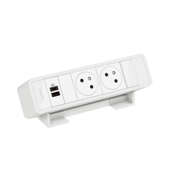 Bloc bureau 2 prises 2P+T- 1 prise USB Type-A + Type-C 15W - à raccorder - Blanc