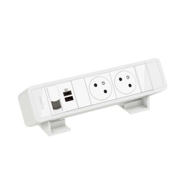 Bloc bureau 2 prises 2P+T- 1 prise USB Type-A + Type-C 15W - 1 prise RJ45 Cat.6 - à raccorder - Blanc