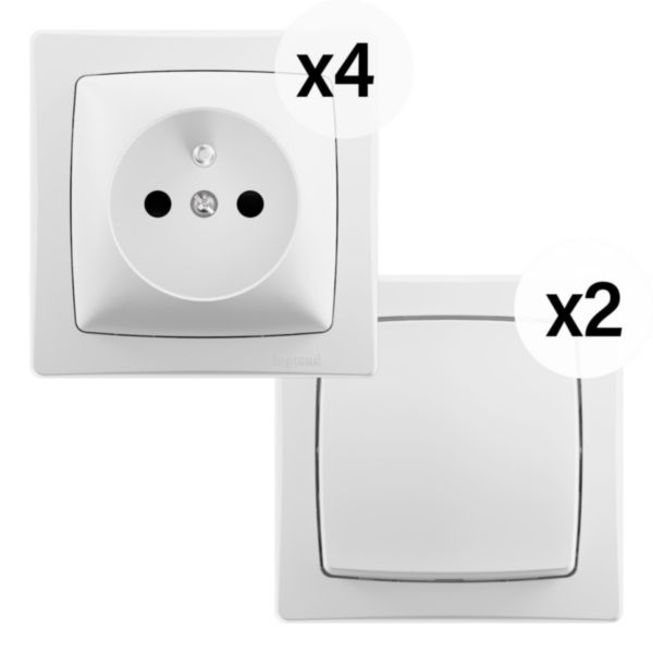 Lot 2 interrupteurs ou va-et-vient + 4 prises de courant saillie - Les Apparents - Complet Blanc