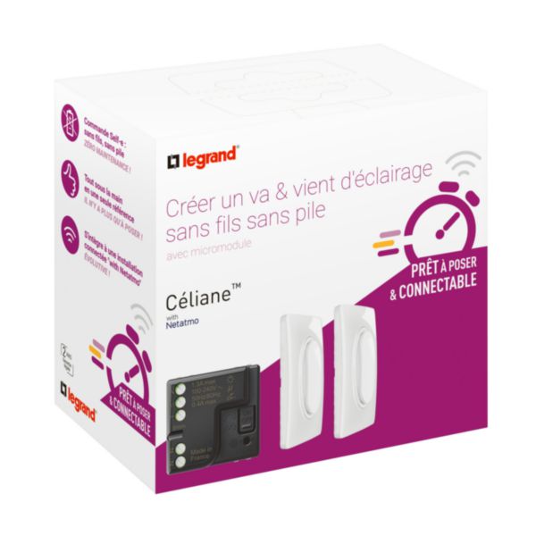 Prêt-à-Poser connectable Céliane : créer un va-et-vient avec micromodule et commandes Self-e sans fils, sans pile - Blanc
