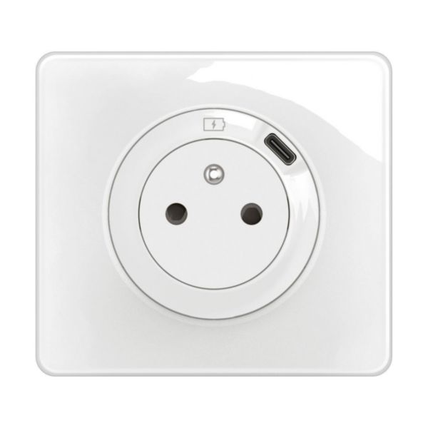 Prise de courant 2P+T Surface Confort avec prise USB Type-C intégrée avec plaque Céliane - Blanc