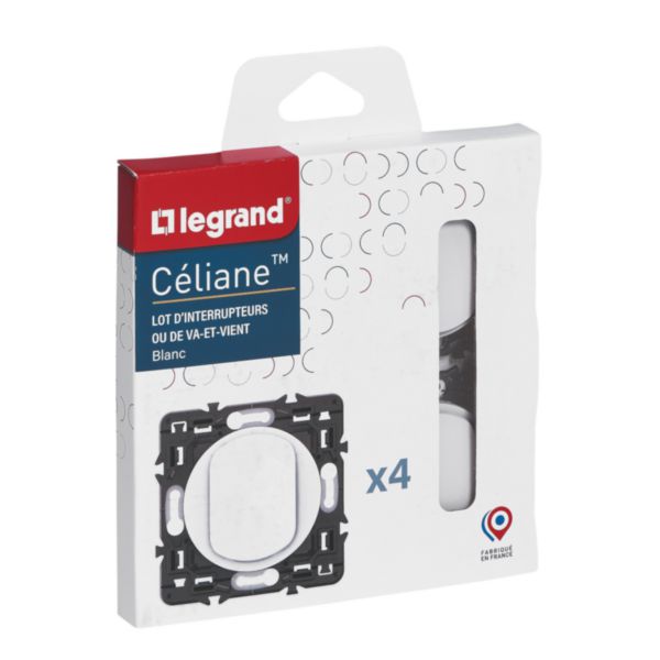 Lot de 4 interrupteurs ou va-et-vient 10A Céliane - Blanc avec supports, à équiper de plaques