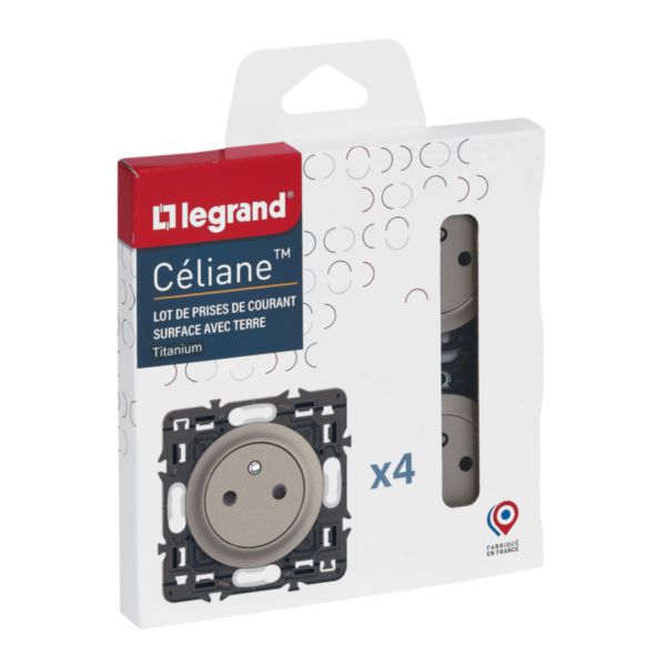 Lot de 4 prises de courant avec terre Céliane Surface Confort - Titanium avec supports, à équiper de plaques